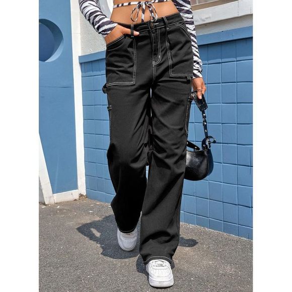 Azura Exchange  Black High Waist Straight Leg Cargo Pants with Pockets - Picture 1 of 15